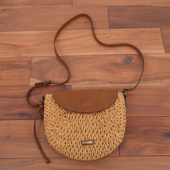 Sun N Sand Handbags - Sun N Sand Tan Woven Straw Crossbody Bag Brown Faux Suede Flap Half Moon Purse